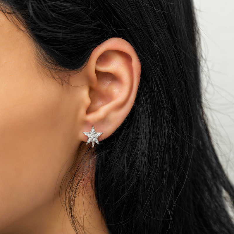 Sparkling Star Huggie Hoop Earrings - Silver Tone Zirconia