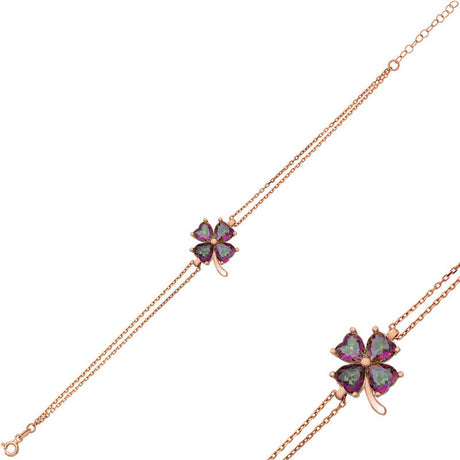 Rose Gold Plated Mystic Topaz Dainty Four-Leaf Clover Bracelet