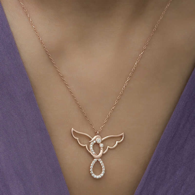Necklace - Rose Gold Plated Sparkling Angel & Child Pendant
