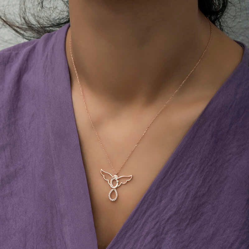Necklace - Rose Gold Plated Sparkling Angel & Child Pendant