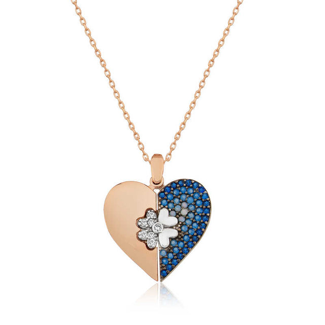 Necklace - Rose Gold Plated Sterling Silver Heart & Clover Pendant