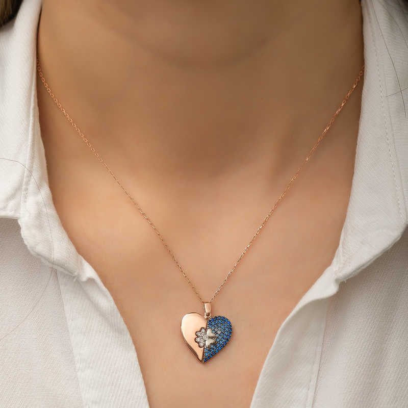 Necklace - Rose Gold Plated Sterling Silver Heart & Clover Pendant