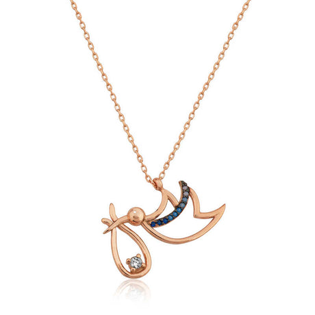 Necklace - Rose Gold Tone Zirconia Stork & Baby Charm Newborn