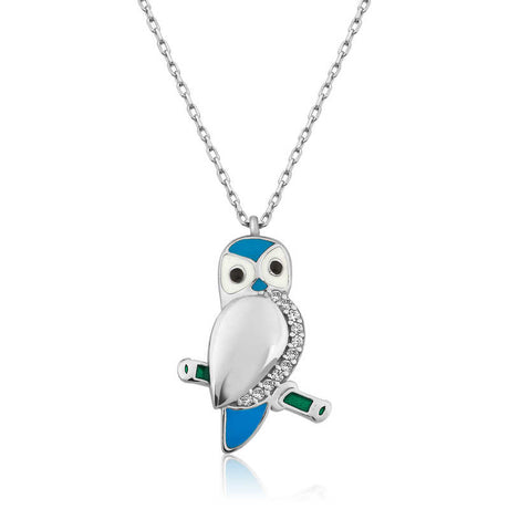 Sterling Silver Owl Necklace - Enamel & Zirconia Bird Pendant