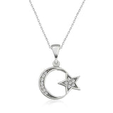 Sterling Silver Crescent Moon & Star Necklace - Sparkling Zirconia