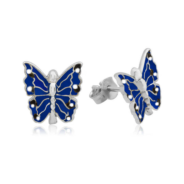 Sterling Silver Stud Earrings - Vibrant Blue Enamel Butterfly