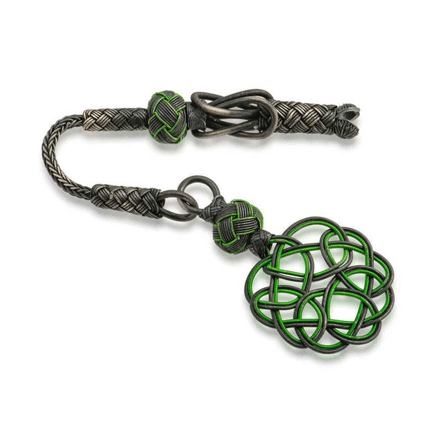 Handcrafted Tesbih Tassel - Oxidized Silver with Green Knotwork Design