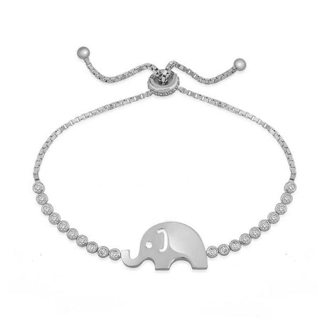 Elephant Charm Bolo Bracelet - Silver-Tone with Sparkling Clear Stones