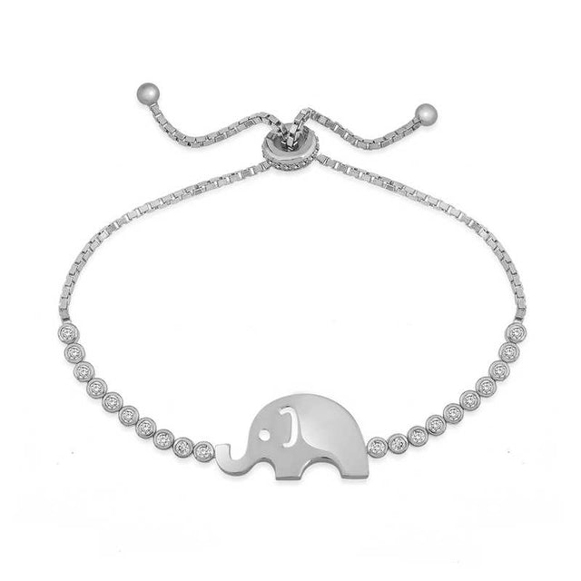 Elephant Charm Bolo Bracelet - Silver-Tone with Sparkling Clear Stones