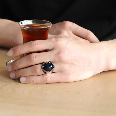 Premium Mens Sterling Silver Ring Black Zircon Stone