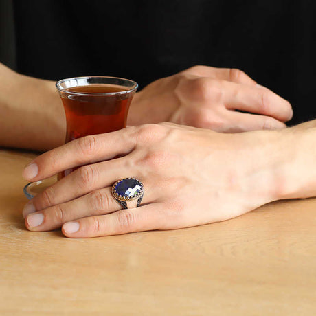 Professional Mens Sterling Silver Ring with Blue Zircon Gemstone