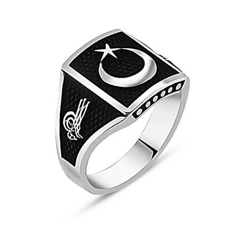 Premium Sterling Silver Crescent Star Tughra Men's Ring