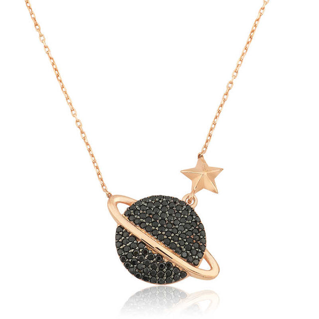 Necklace - Rose Gold Tone Black Stone Planet & Star Celestial Charm