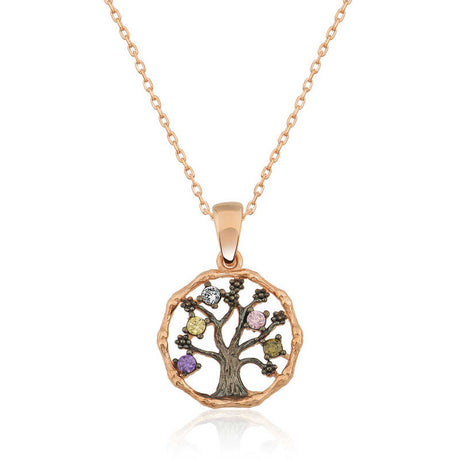 Rose Gold Plated Sterling Silver Tree of Life Necklace with Multi-Color Zirconia