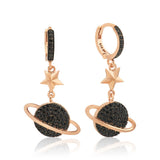 Rose Gold Plated Sterling Silver Black Zircon Planet Star Drop Earrings