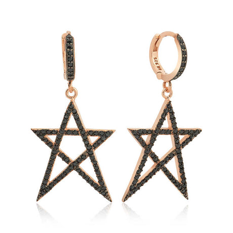 Dangle Hoop Earrings - Rose Gold Plated Sterling Silver Black Star