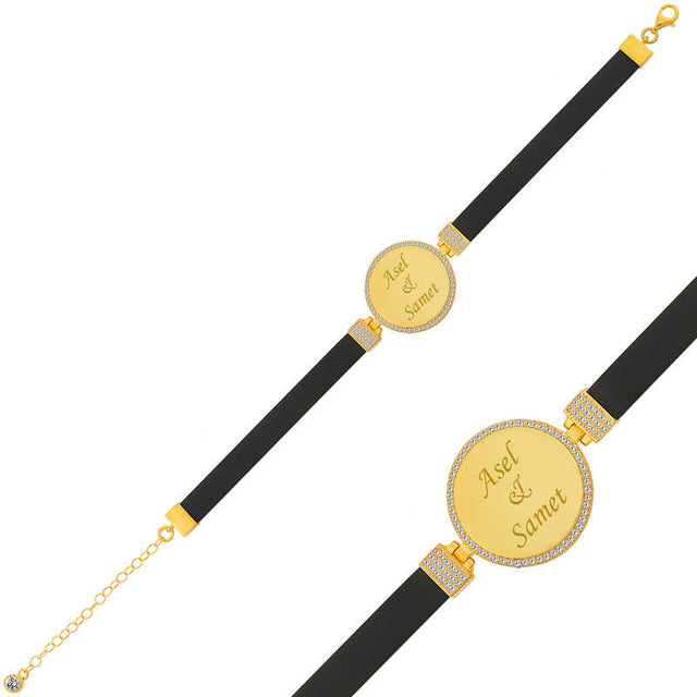Personalized Gold Plated Silver Bracelet with Black Strap & Zirconia