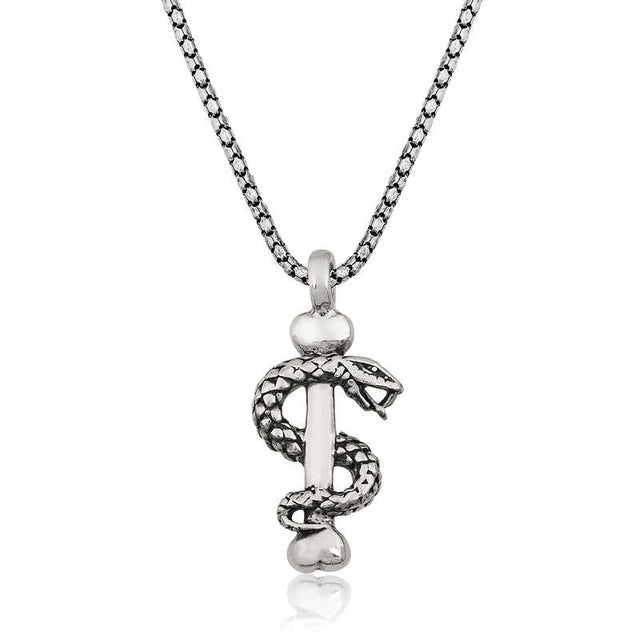 Sterling Silver Serpent Staff Necklace - Symbolic Men's Pendant