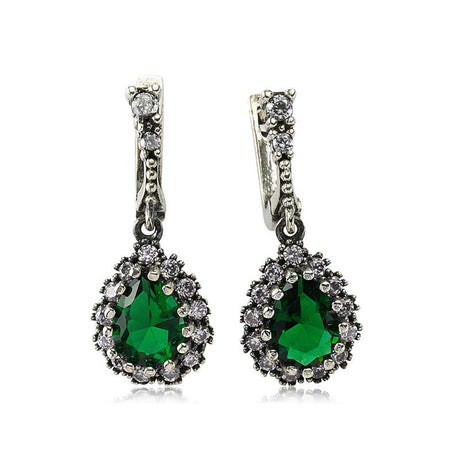 Dangle Earrings - Sterling Silver Green Emerald CZ Teardrop Halo