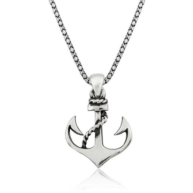 Sterling Silver Anchor Necklace - Nautical Rope Design