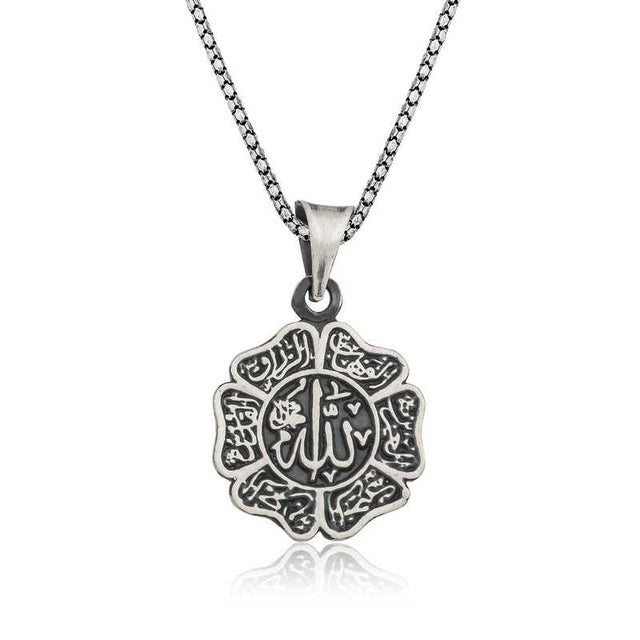 Sterling Silver Islamic Calligraphy Medallion Necklace - Allah Design