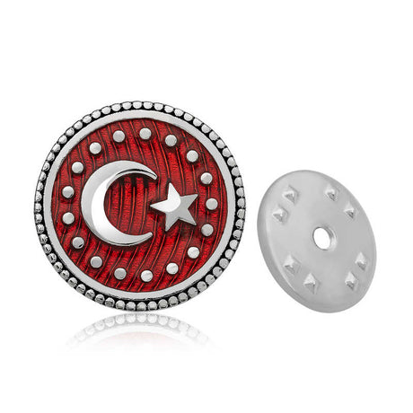 Silver-Tone Crescent Moon Star Red Enamel Lapel Pin Badge