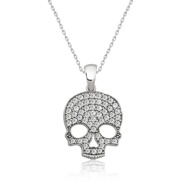 Necklace - Sterling Silver Sparkling Skull Pendant