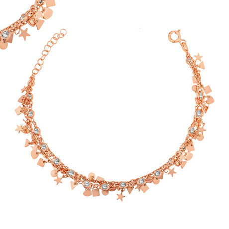 Rose Gold Plated Dainty Charm Bracelet - Layered with Cubic Zirconia