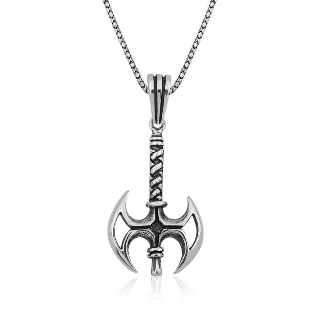 Men's Necklace - Sterling Silver Oxidized Double Axe Pendant