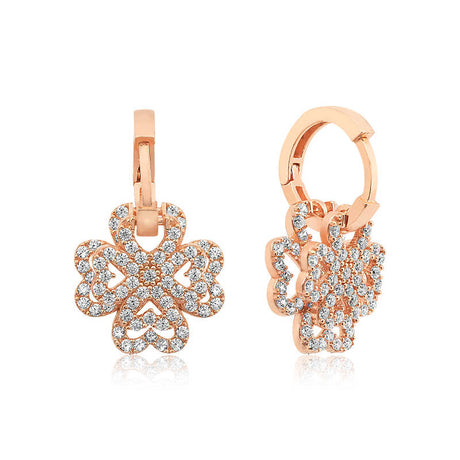 Hoop Dangle Earrings - Rose Gold-Tone Pave Zirconia Clover