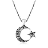 Sterling Silver - Ornate Crescent Moon & Star Pendant Necklace