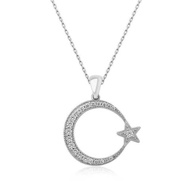 Sterling Silver Pavé Zircon Crescent Moon & Star Necklace