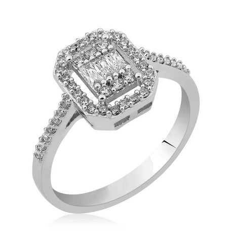 Sterling Silver Baguette & Round Cut Halo Ring