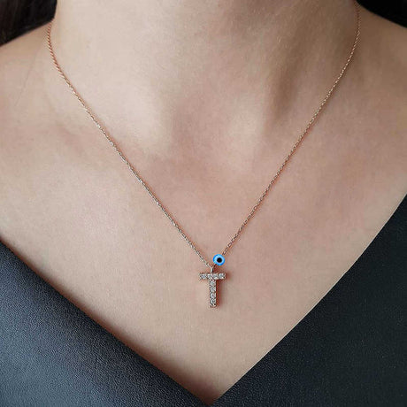 Rose Gold Plated Initial Necklace - Zirconia Letter & Evil Eye Charm