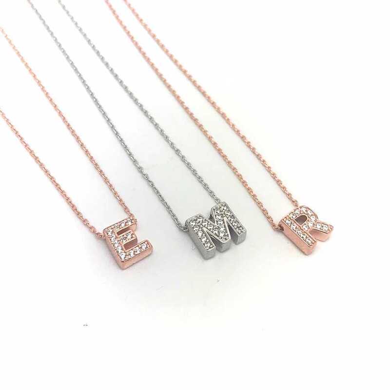 Rose Gold Plated Initial Necklace - Zirconia Letter & Evil Eye Charm