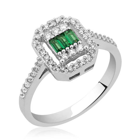 Ring - Sterling Silver Baguette Green Stone Halo Ring