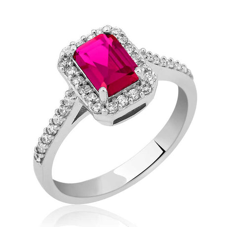 Ring - Sterling Silver Emerald Cut Pink Gemstone Halo