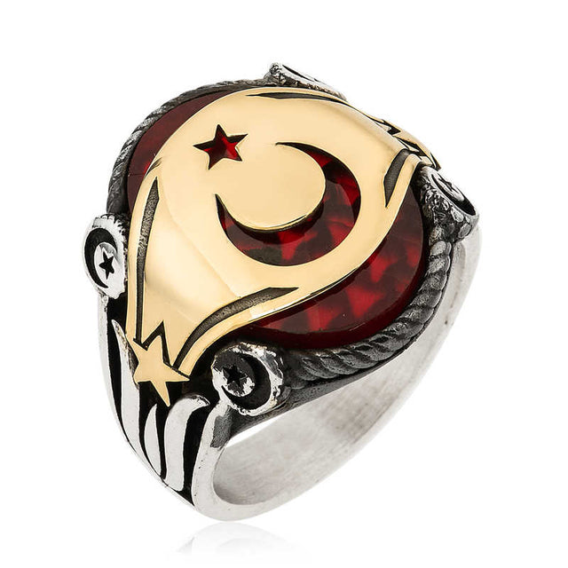 Premium Sterling Silver Crescent Star Men's Ring with Tulip Motifs