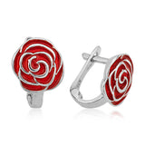 Children's Sterling Silver Red Rose Enamel Earrings - Floral Design