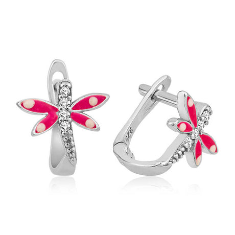 Sterling Silver Dragonfly Kids Earrings - Pink Enamel & Cubic Zirconia