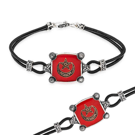 Bracelet - Silver-Tone Leather & Red Enamel Ottoman Crescent Star Charm