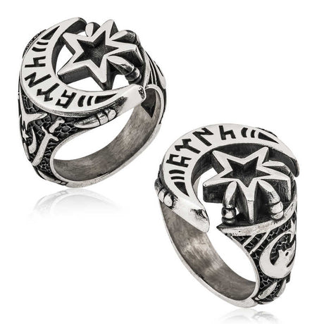 Mens Premium Gokturk Turkic Script Crescent Star Silver Ring
