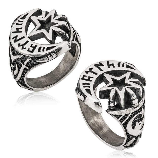 Mens Premium Gokturk Turkic Script Crescent Star Silver Ring