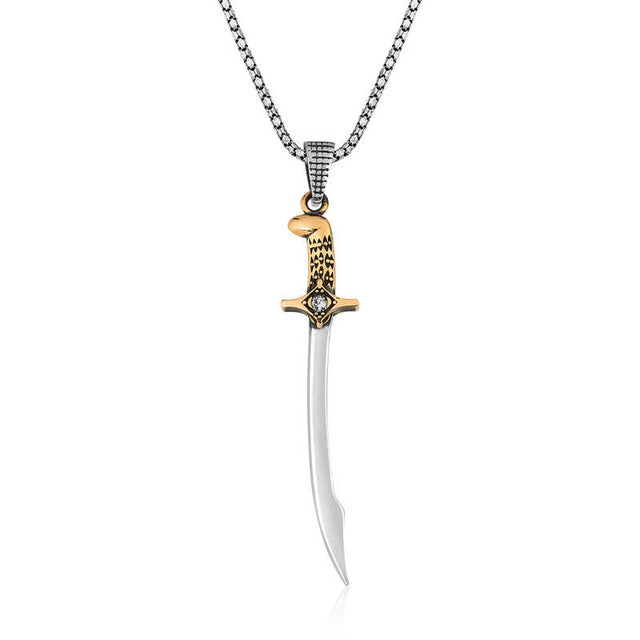 Silver & Gold-Tone Sword Pendant Necklace with Zircon Accent