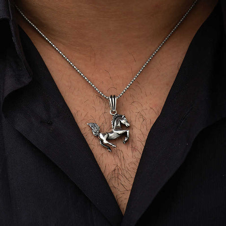 Sterling Silver Rearing Horse Pendant Necklace - Equestrian Charm