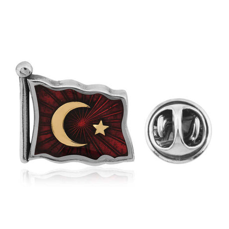 Turkish Flag Lapel Pin - Silver-Tone & Gold-Tone Crescent Star