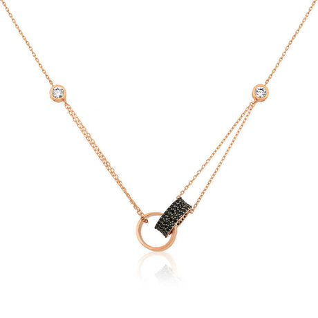 Rose Gold Plated Necklace - Interlocking Circles with Black Zirconia