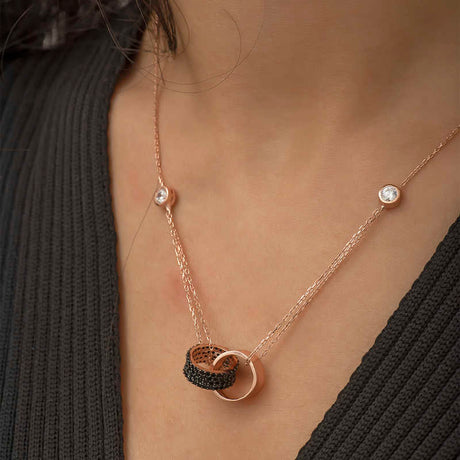 Rose Gold Plated Necklace - Interlocking Circles with Black Zirconia