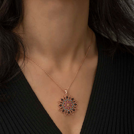 Rose Gold Plated Sterling Silver Medallion Necklace - Multi-Color Geometric Design