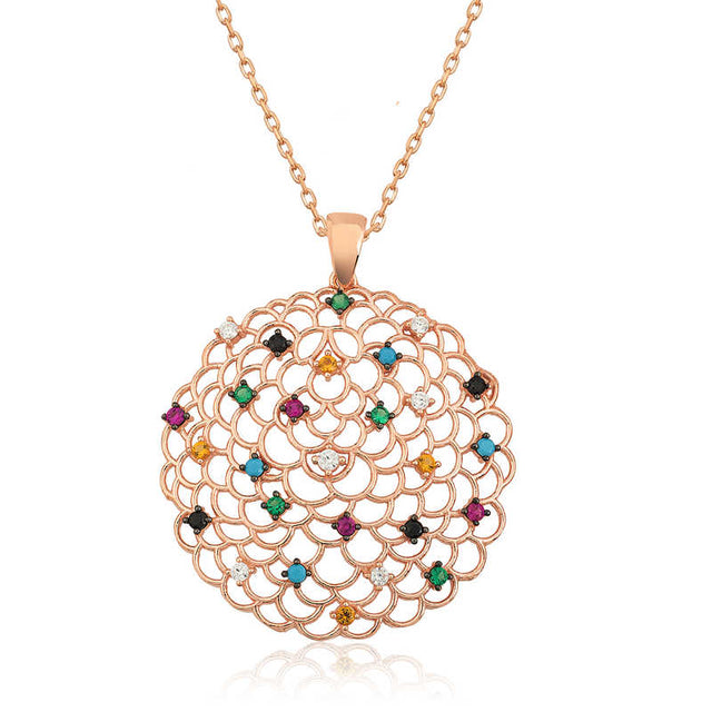 Necklace - Rose Gold Plated Multi-Color Zircon Geometric Medallion